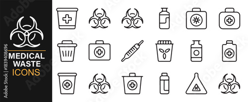 Hospital waste disposal icon pack with biohazard markings, safety bins, and contamination warnings