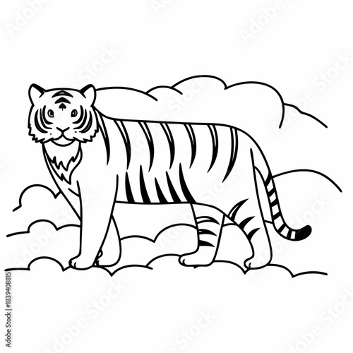 White tiger animal cartoon vector illustration of a wild cat cub in snowy nature forest
