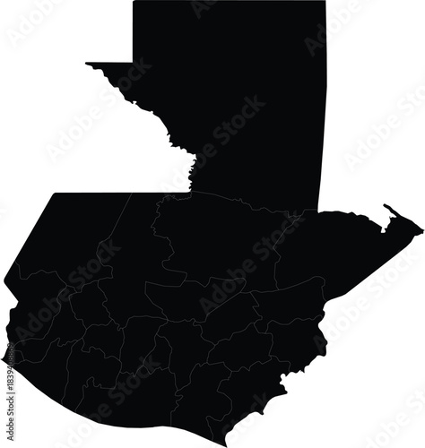 Black silhouette map of Guatemala with administrative divisions vector illustration for travel and geography concepts isolated on 