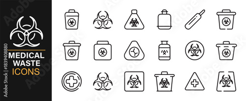 Minimalist vector icons representing hazardous clinical waste, containers, and biohazard signs