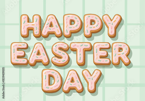 Happy Easter Day text made of cookies with icing and sprinkles on a pastel green checkered background, festive holiday greeting card design