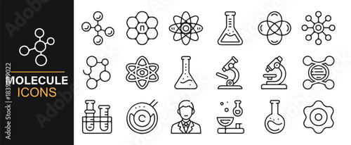 Simple outline icons of chemical science tools, molecular models, and atomic formations