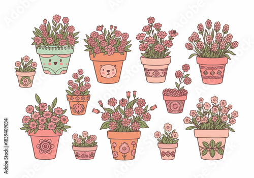 A delightful collection of hand-drawn potted flowers in various cute and decorative pots, featuring whimsical designs and pastel colors perfect for spring and garden-themed creative projects