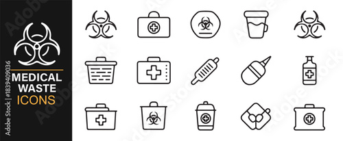 Biohazard and medical waste outline icon set featuring disposal bins, warning labels, and safety symbols