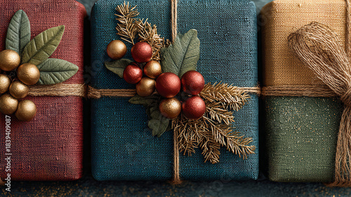 cajas de regalo envueltas con tela rustica de colores y adornos navideños