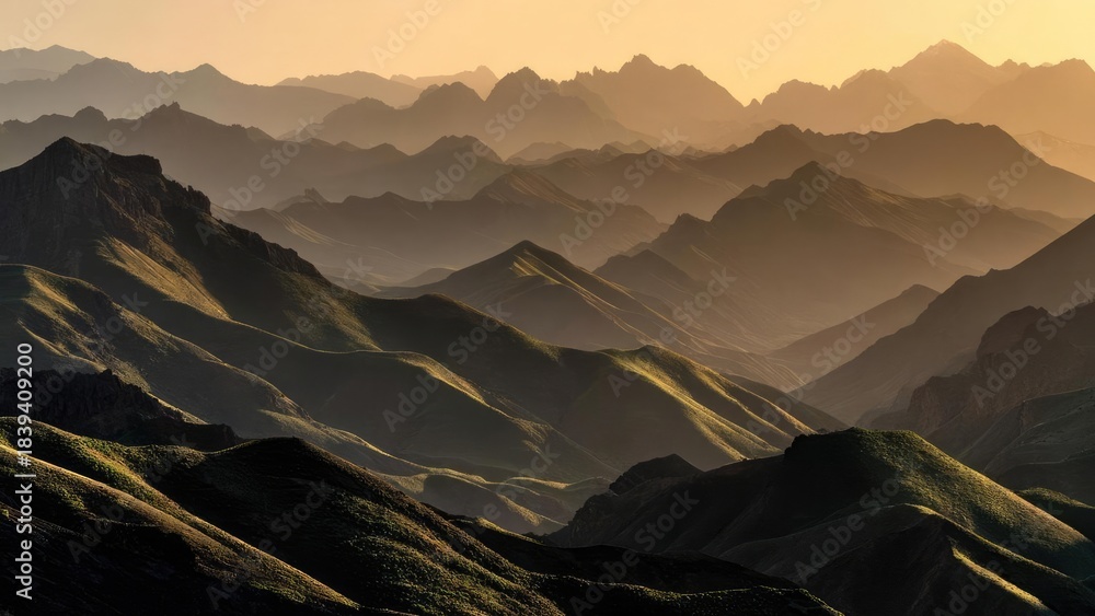 Fototapeta premium A sweeping panorama of layered mountains glowing in warm sunrise light. Concept Sunrise landscape panorama, Layered mountains at dawn, Golden hour mountain glow, Wide-angle nature photography