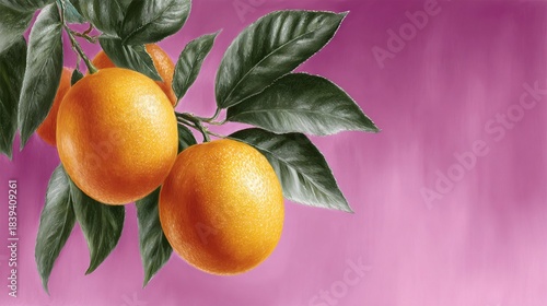 A painting of two oranges on a green branch against a pink background with a subtle pink tint