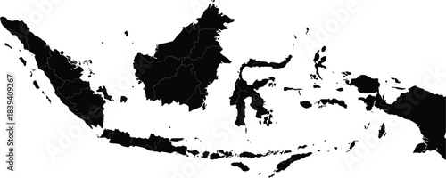 Black silhouette map of Indonesia archipelago isolated on white background representing geography and travel