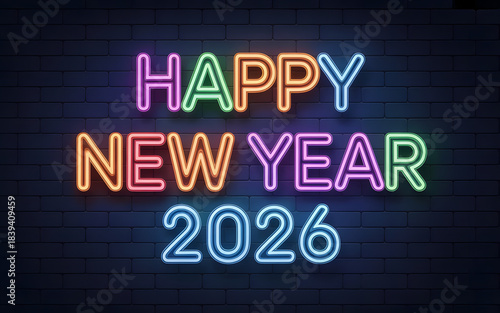 “Happy New Year 2026 Neon Sign – Colorful Glowing Celebration Graphic”