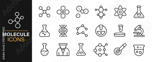 Vector illustration set of molecules, atomic networks, research equipment, and lab scientists