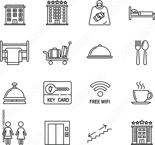 Hotel and hospitality service outline vector icons featuring amenities, room service, luggage, wifi, dining, elevator and key access