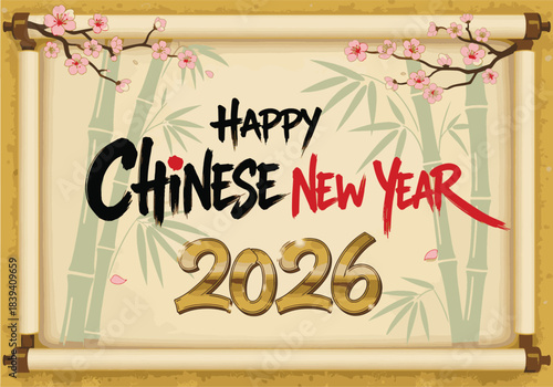 Wallpaper Mural Elegant Lunar New Year 2026 greeting on a traditional scroll illustration, featuring symbolic bamboo and delicate cherry blossoms, ideal for festive cultural celebration designs Torontodigital.ca