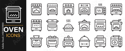 Outline icons of kitchen appliances including ovens, microwaves, burners, grills, and cookware elements