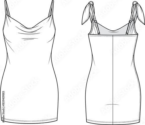 Technical fashion illustration of spaghetti strap dress with draped neckline, bow-tied back straps, fitted silhouette, front and back views