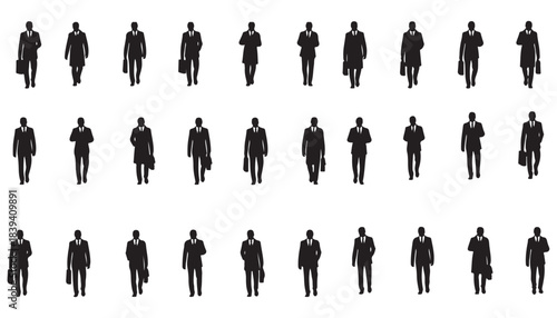 Businessman silhouette set walking formal suit overcoat briefcase vector