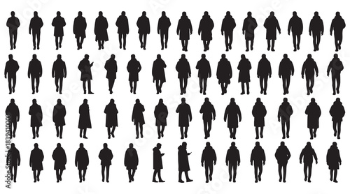 50+ Set of men in long puffer jacket silhouette walking poses vector graphics