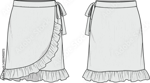 Technical fashion illustration of wrap skirt with ruffled hemline, side tie closure, pleated back, front and back views, garment sketch