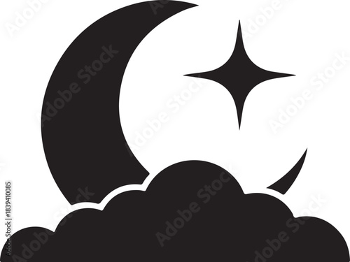 Night sky vector icon featuring a crescent moon a shining star and a cloud silhouette for weather applications