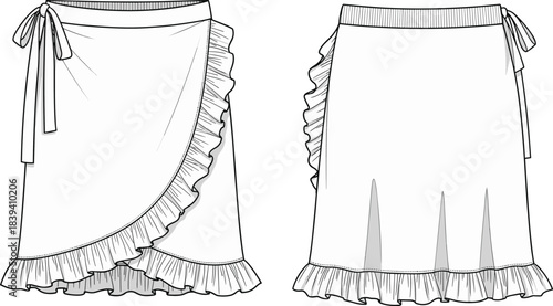 Technical fashion illustration of wrap skirt with ruffled hemline, tie closure, pleated back, front and back views, garment sketch
