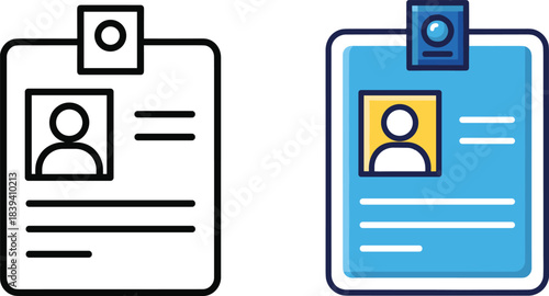 Identification badge icons showing user profile information in outline and filled styles for access cards and employee IDs