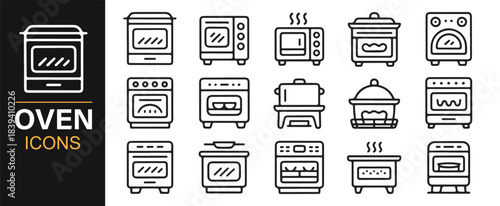 Clean line-art cooking appliance icons including ovens, grills, microwaves, and kitchen equipment