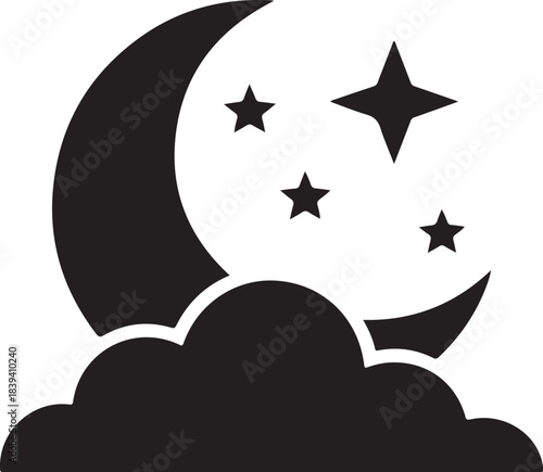 Moon and stars vector icon over a cloud representing night, sleep, or dreams for web and mobile applications