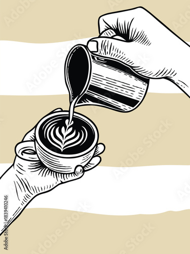 Vintage Hand-drawn of Latte Art Coffee Making.