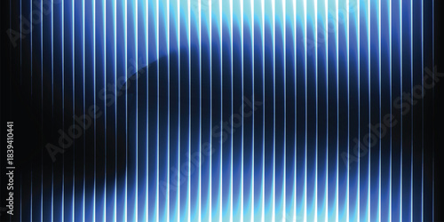 Neon ripple glass gradient in blue & violet on dark black background | ribbed distorted light waves futuristic glow texture vector