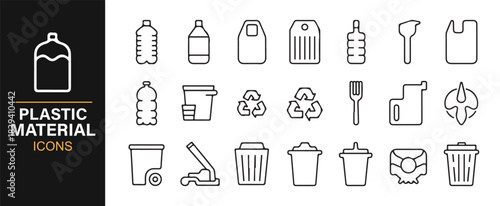 Simple outline icons depicting plastic pollution, recycling processes, containers, and waste systems