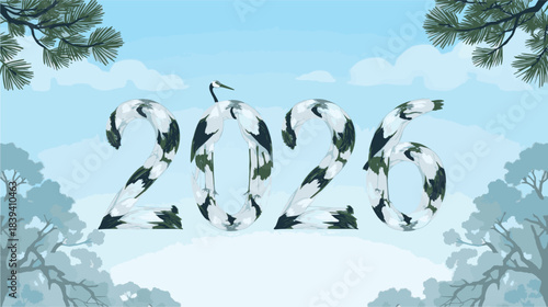 Wallpaper Mural Stylized 2026 number illustration featuring a frosty, snow-like texture, elegantly integrated into a tranquil winter landscape with bare trees and pine branches, perfect for new year designs Torontodigital.ca