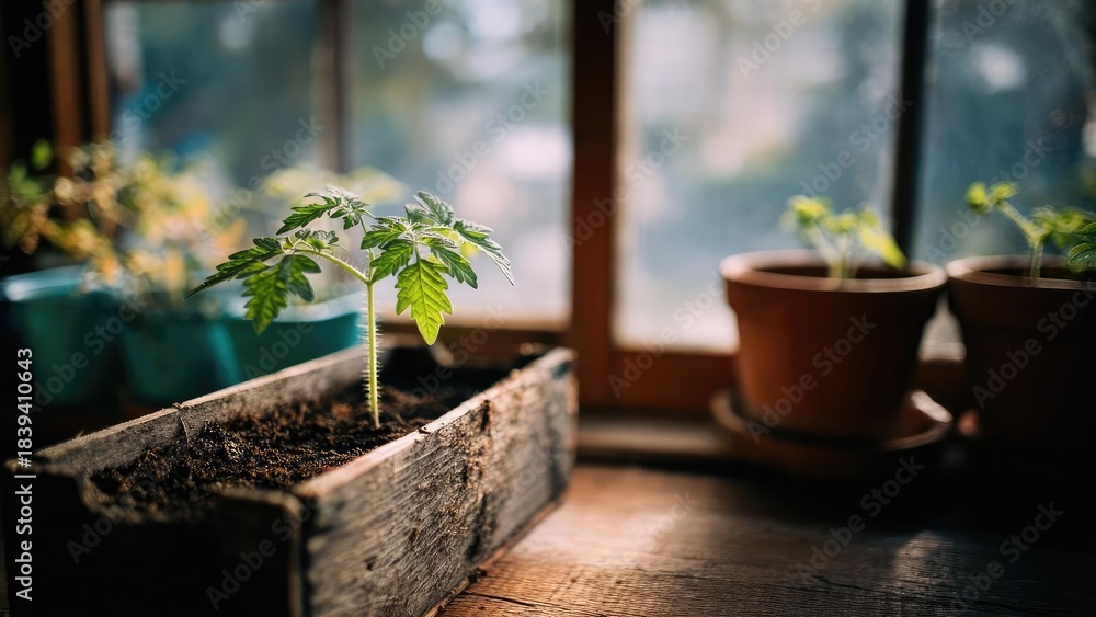 Fototapeta premium A small seedling grows in a wooden planter on a sunlit windowsill, with blurred potted plants in the background. Concept Indoor gardening, Sunlit windowsill, Seedling photography