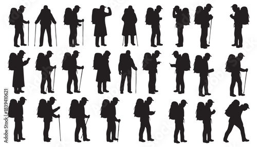 Hiking man silhouette set backpack poles winter jacket activity vector