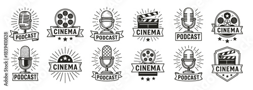 Podcast and cinema emblems collection with microphones, film reels, clapperboards, and banners in bold monochrome style