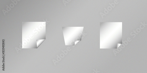 Square white sticky note paper pack, cut out. Empty oblong sticky label mockup with curl. Clear adherent tag template for glass door or wall. Random shifted white cube boxes block background