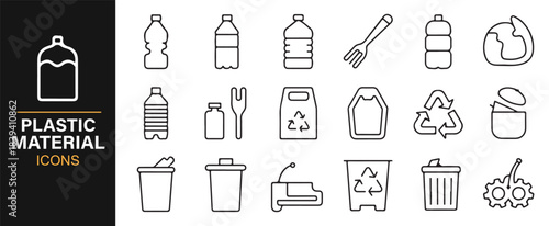 Clean icon pack showcasing plastic waste, containers, recycling bins, and processing equipment