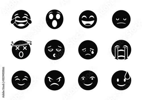 Emoji icon set. Including happy emotion, sad, smiling, surprised, angry, relaxed, confused, laughing, excited and shocked emoticon icons. Silhouette vector illustration