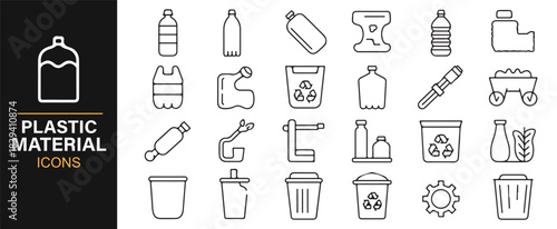 Vector outline collection of plastic bottles, bags, bins, and eco-focused recycling symbols