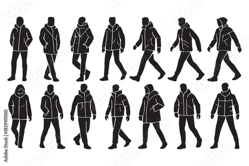 Walking people silhouette set diverse winter jacket poses vector graphics