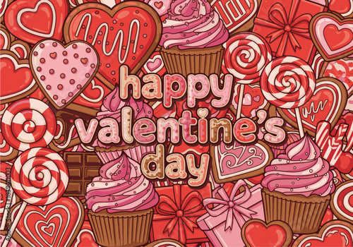 Happy Valentine's Day sweet treats and gifts, heart-shaped cookies, cupcakes, and candies illustration