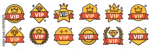 VIP badges collection premium golden labels with decorative crowns. Features shiny geometric shapes, diamonds, laurels, stars