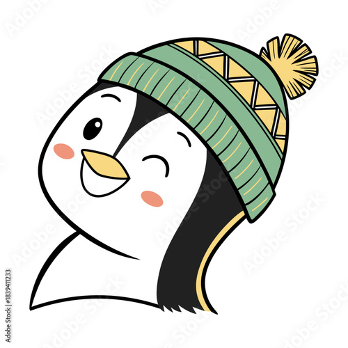 Cute cartoon penguin wearing a green knitted winter hat with a pom pom