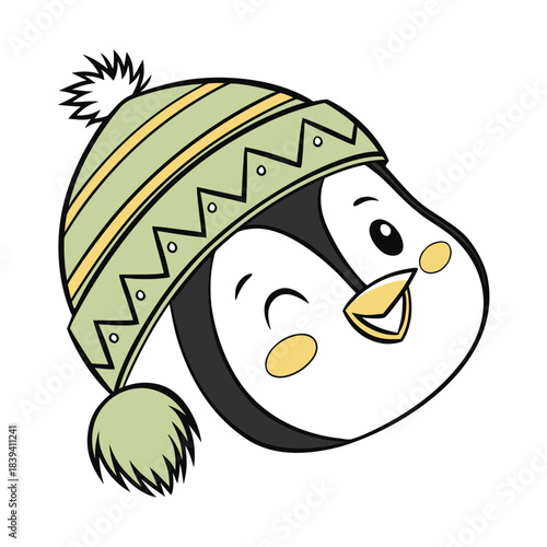Cute cartoon penguin wearing a winter hat with a pom pom