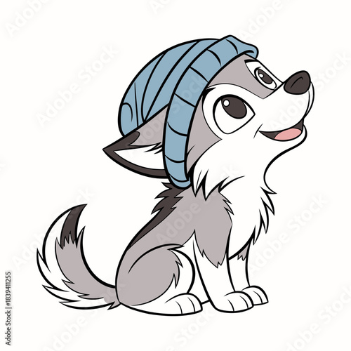 Cute cartoon wolf pup wearing a blue beanie hat