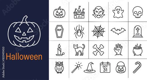 Halloween icon collection featuring spooky symbols, scary characters, haunted elements, festive decorations, and creepy line illustrations for seasonal designs.