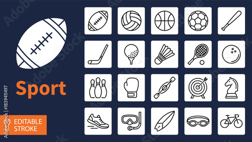 Sport icon collection featuring various athletic equipment, game symbols, fitness elements, outdoor activity graphics, and editable stroke line illustrations for designers.