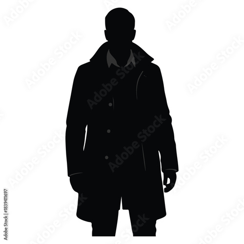 Black Silhouette Vector of Man in Trench Coat Overcoat Spy or Detective