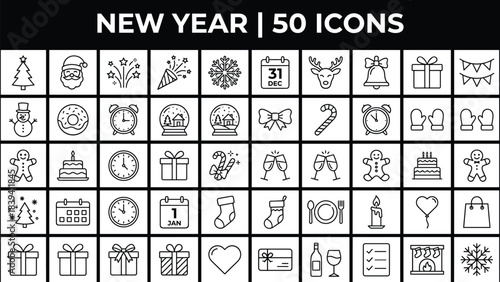 New Year's Eve and Christmas Celebration Line Icons Vector Set: 50 Minimalist Black and White Outline Symbols for Winter Holidays, Countdown, Presents, Food, and Decor.