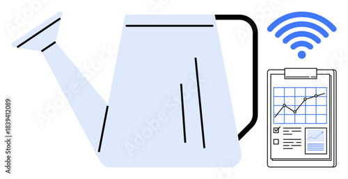 Smart gardening, IoT, agriculture technology, data monitoring, sustainability, automation. Watering can and clipboard with analytics graph and wireless icon. Smart gardening and IoT applications