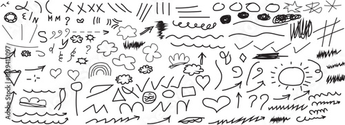 Hand drawn doodle design elements, charcoal or pencil drawn punctuation marks hand drawn sketch of the word cloud