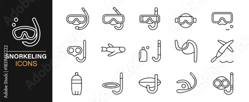 Snorkeling accessory and diving tool icon collection for water-sport themed design projects